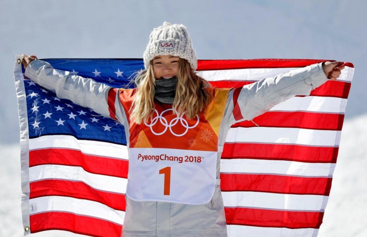 Chloe Kim of the United States celebrates winning gold in the women’s halfpipe finals at the 2018 Winter Olympics in Pyeongchang, South Korea.